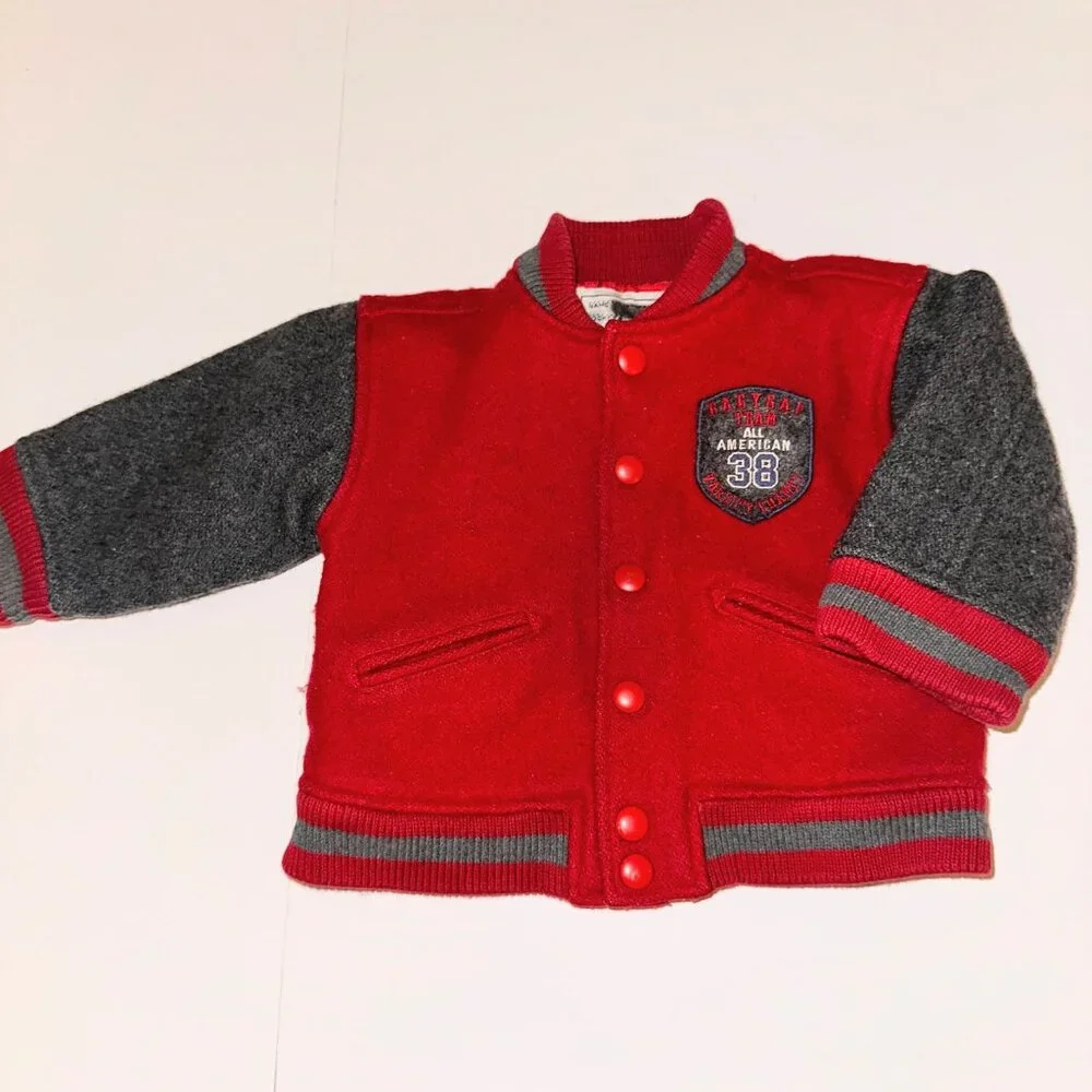 Vintage Baby Gap Varsity Jacket 12-24 months red gray Bomber Snap Wool Coat 1996